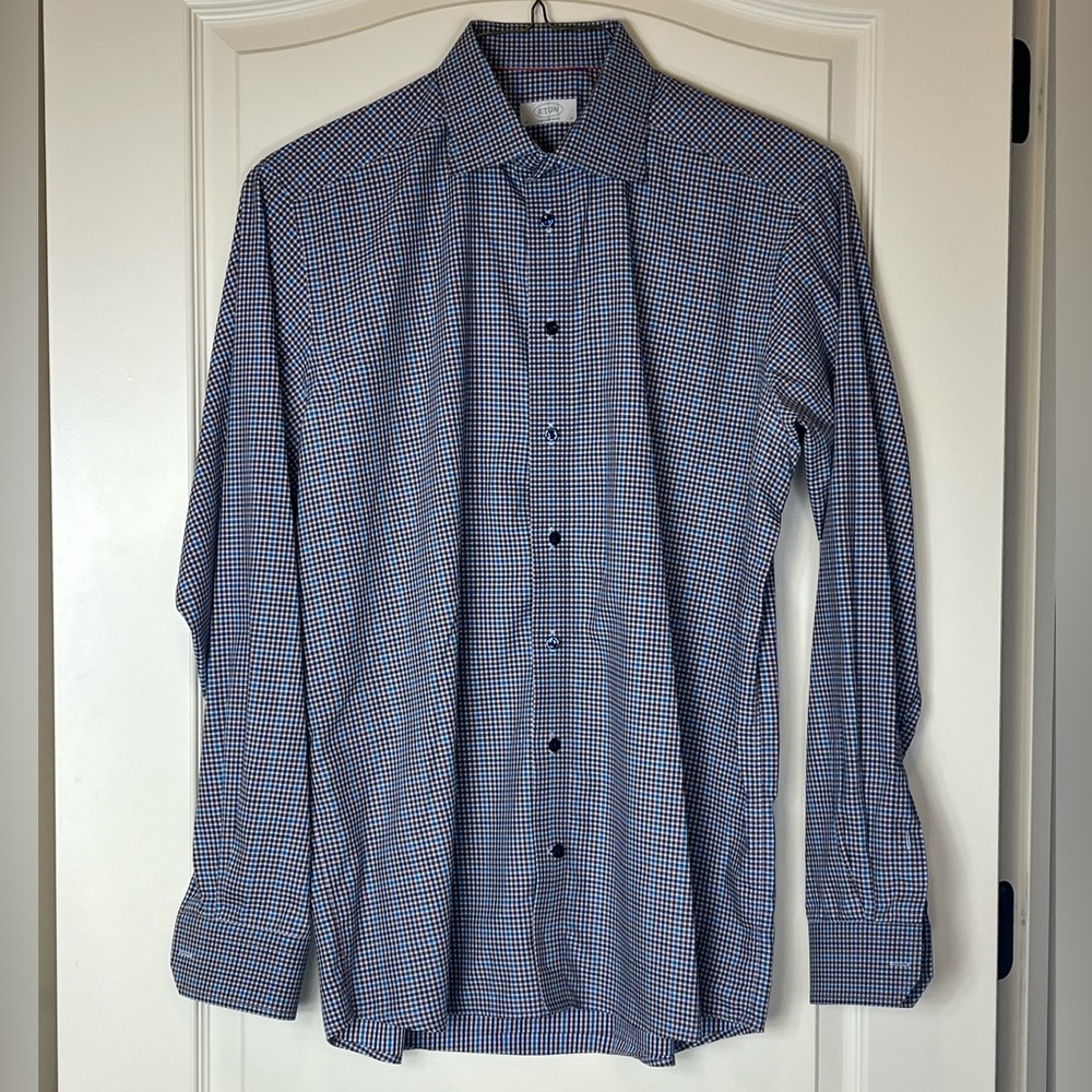 Eton Red and Blue Dress Shirt with Pointed Collar